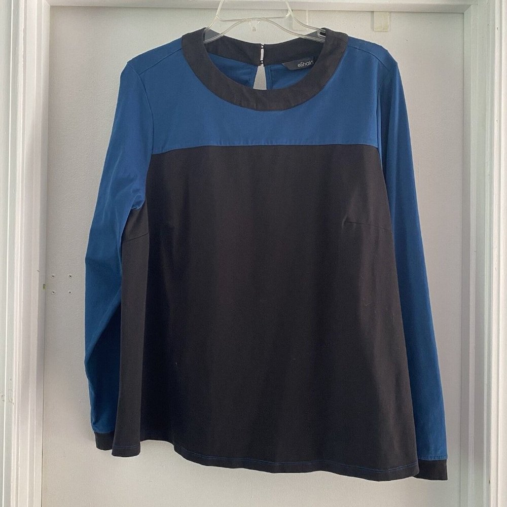 eShakti Blue Black Colorblock Blouse Top Long Sleeve Women's Plus Size 2X/20W